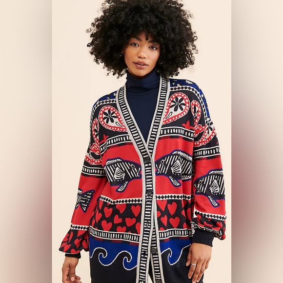 FARM Rio Red and Blue Fish Pattern Cardigan